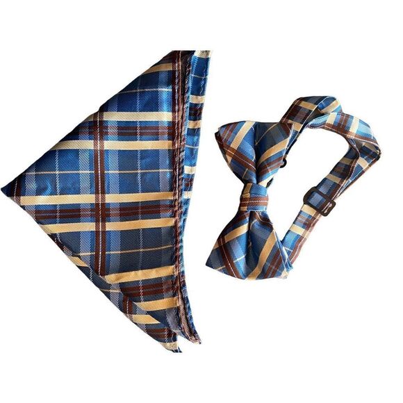 Plaid pocket square adjustable bow tie blue white plaid polyester - Picture 8 of 8
